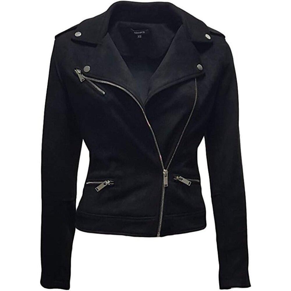 Women's Faux Suede Jacket Long Sleeves Zipper Up Casual Outwear Black